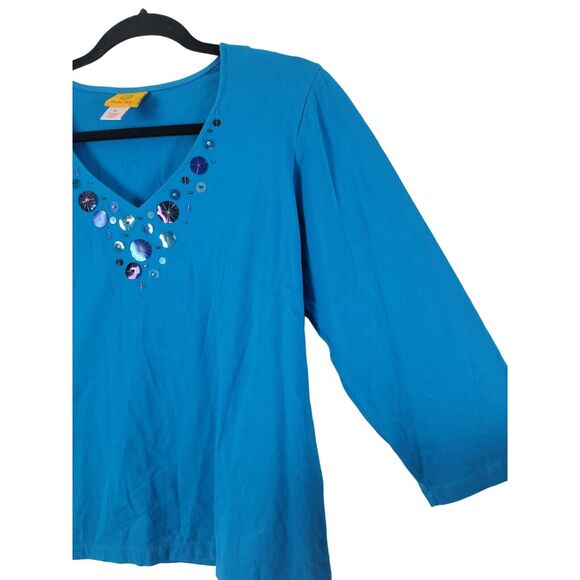 Ruby Rd Long Sleeve Top M Womens Blue V Neck Pullover Accents Cotton Blend - Picture 4 of 10